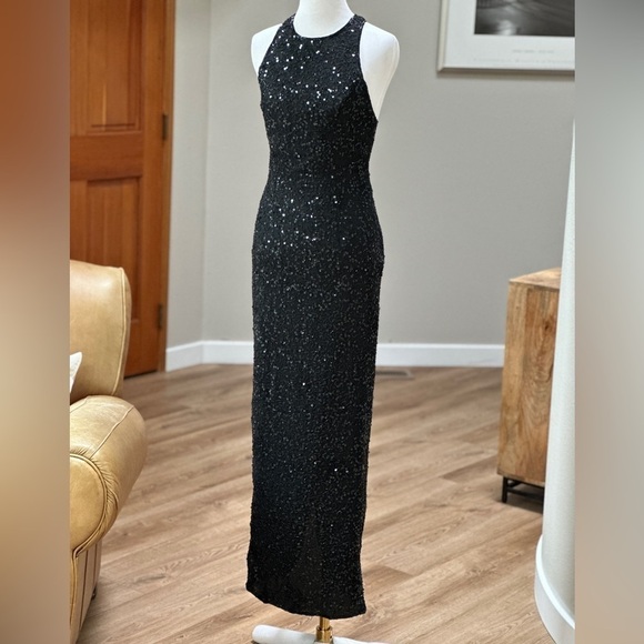 Vintage Laurence Kazar silk long black sequin column dress SZ XS-S - Picture 3 of 13